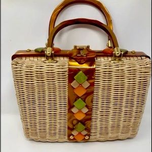 Vintage, unique Tropic Miami wicker purse.  Coppery handles.  10.25 x 8 x 3